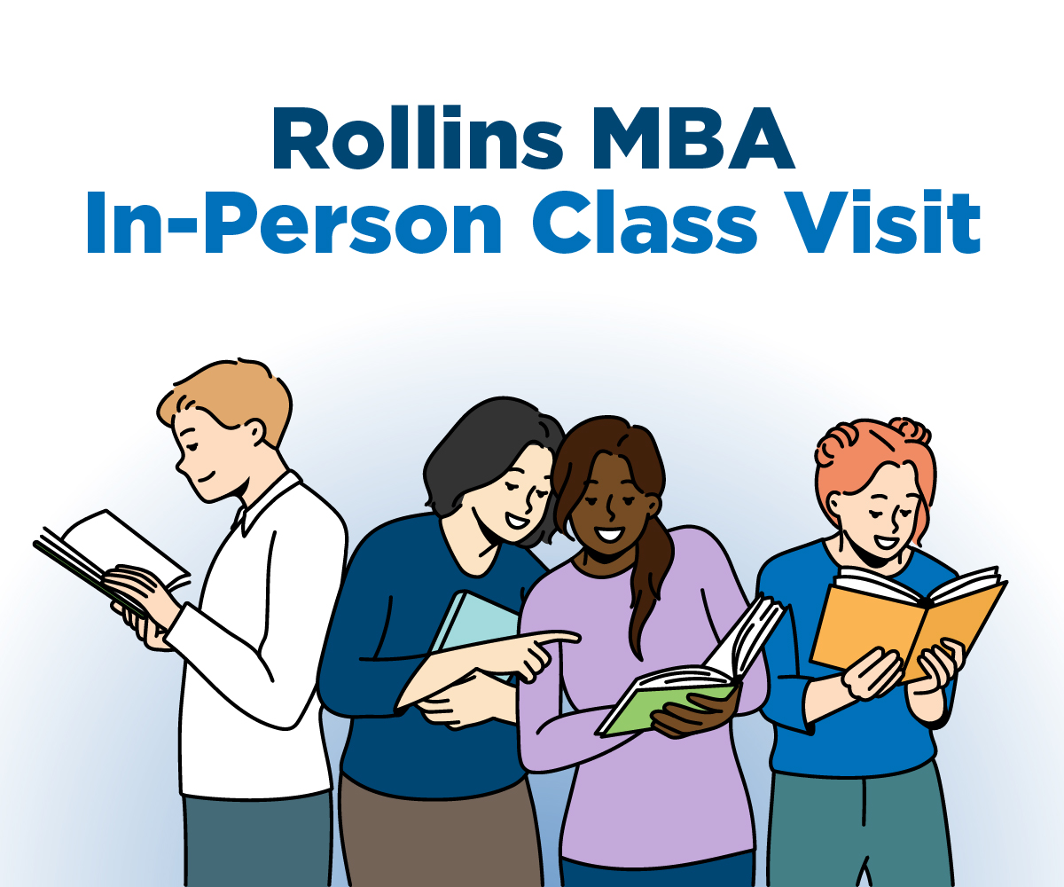 Illustration of MBA students reading and discussing course materials during an in-person class.