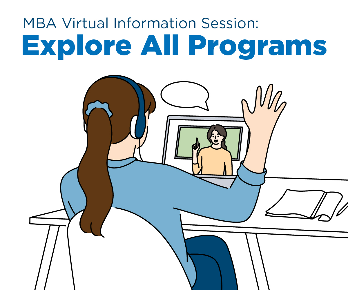 Illustration of a person attending a virtual MBA information session on a laptop and raising their hand to ask a question.